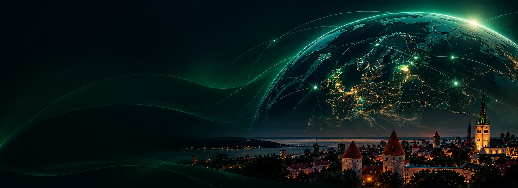 Globe centred on Europe above the Tallinn skyline at night