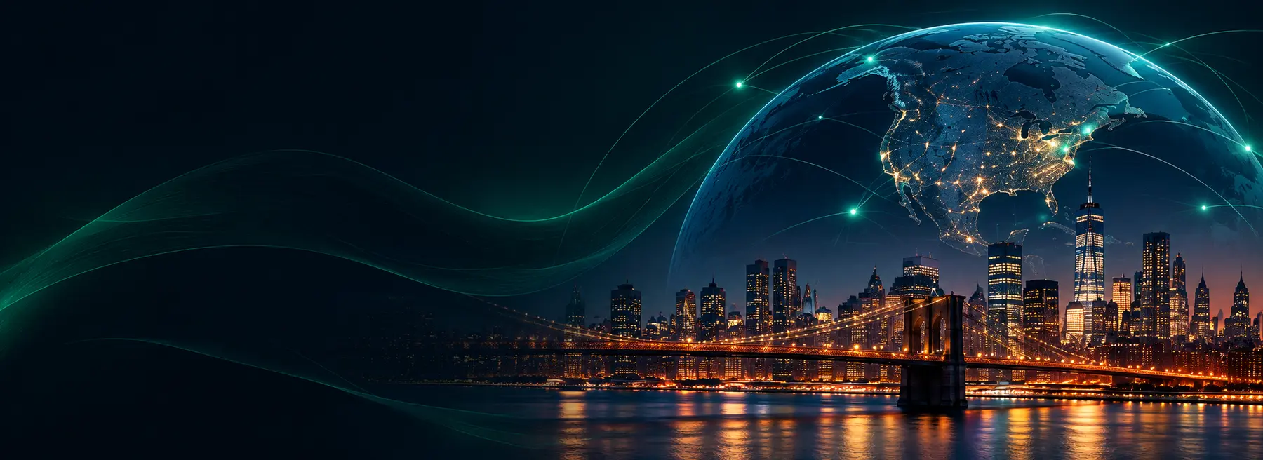 Globe centered on North America above the New York skyline at night
