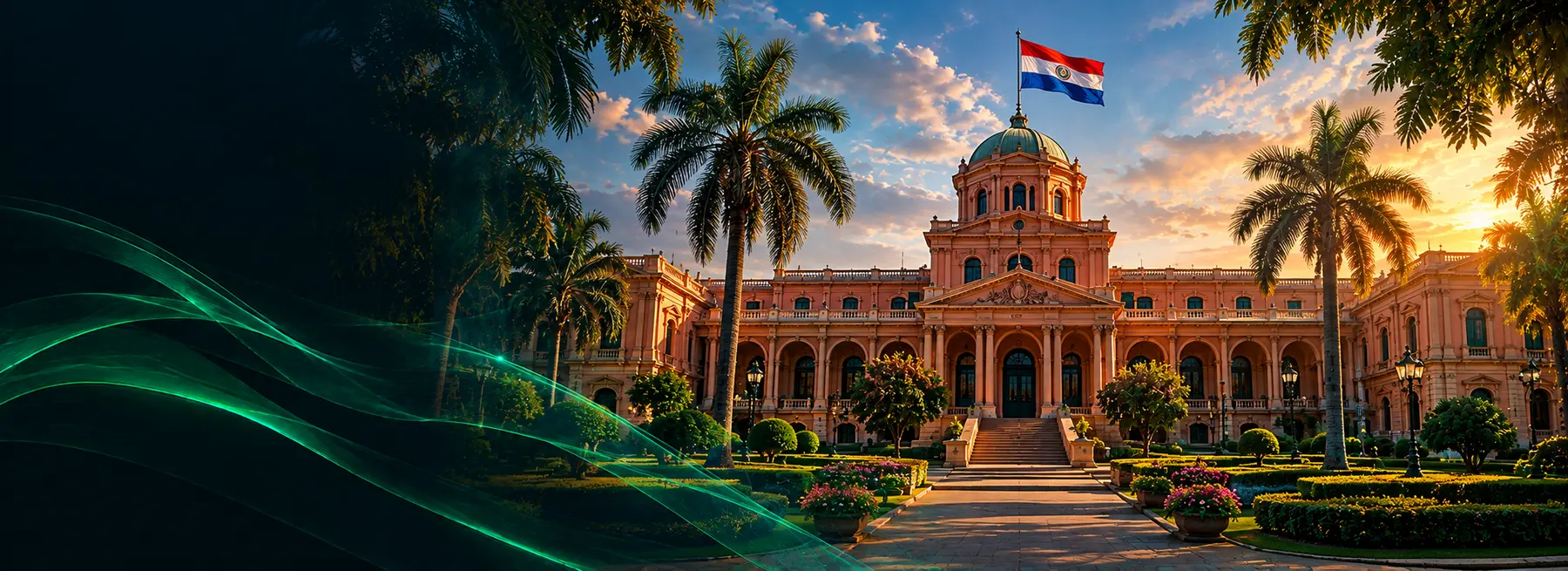 Palacio histórico de Asunción al atardecer, con la bandera de Paraguay
