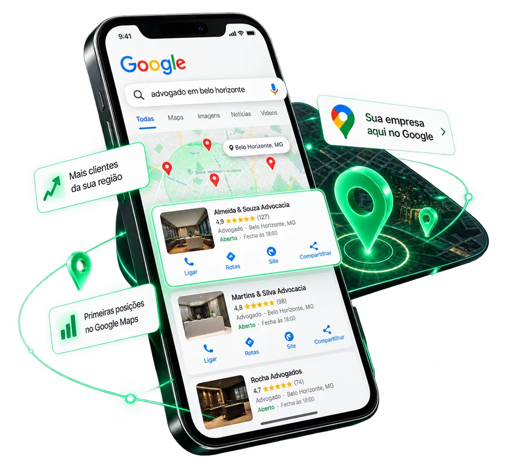 Celular mostrando a busca por advogado em Belo Horizonte no Google com empresas do Google Maps em destaque