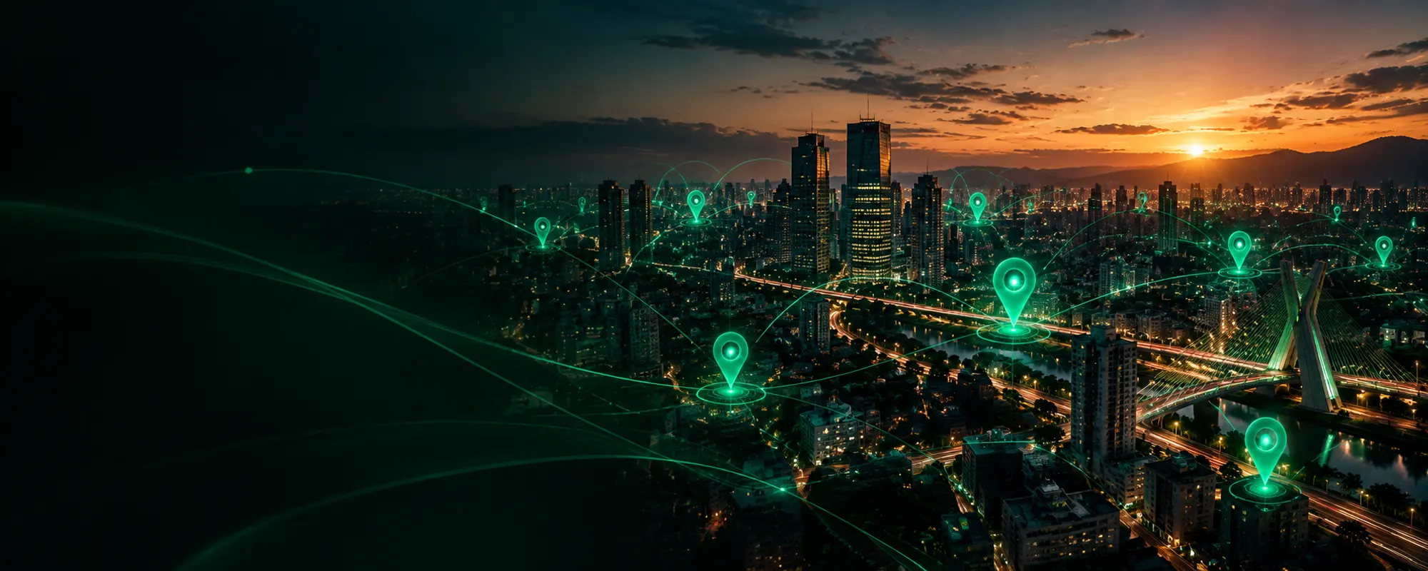 Cidade ao entardecer com marcadores de localização do Google Maps